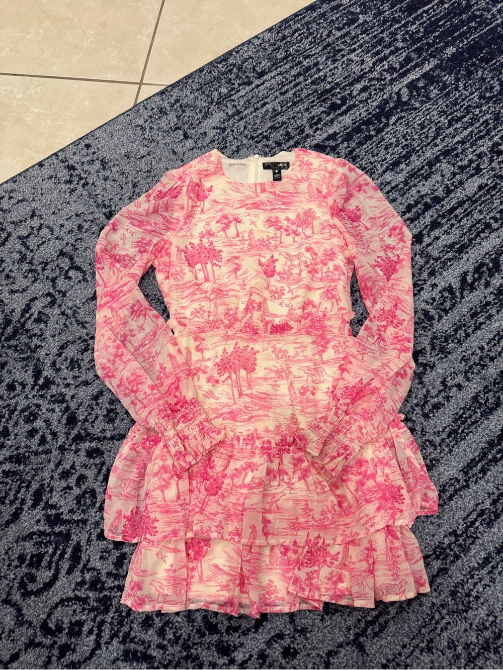 Aqua Pink Toile Long-Sleeve Mini Dress